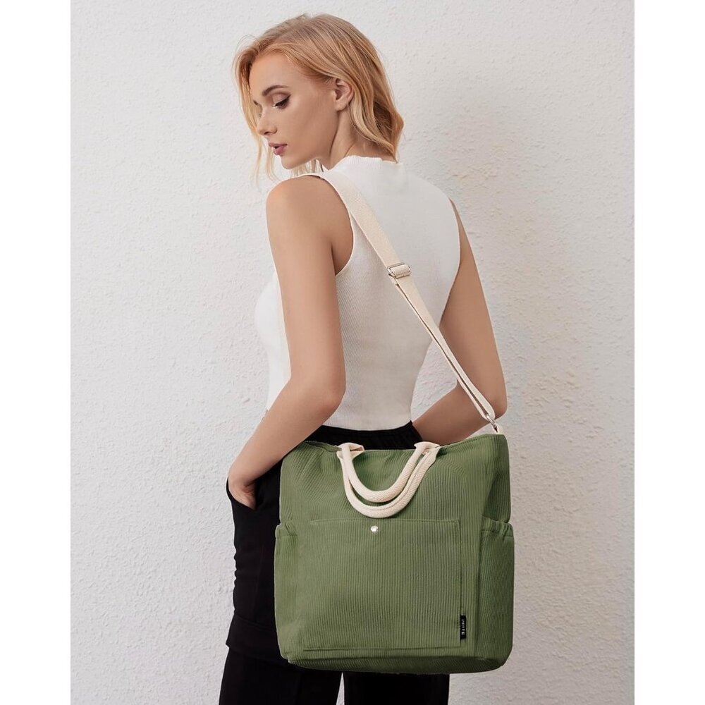 Prite Women Green Corduroy Large Hobo Shoulder Crossbody Tote Bag With Pockets - Picture 2 of 6